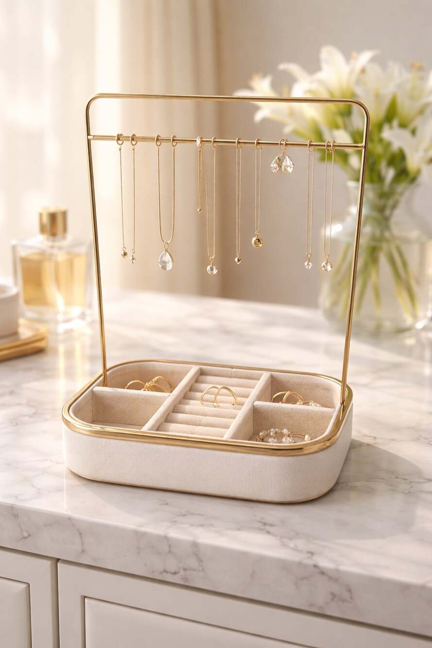 Gold and White Tiered Jewelry Organizer Stand with Tray